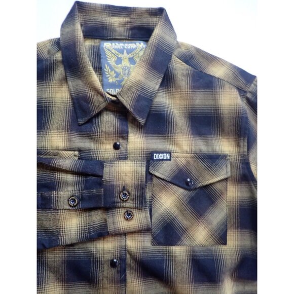 Dixxon Flannel Gold Standard Black Yellow Plaid Pearl Snap Button Womens L Biker - Picture 5 of 5